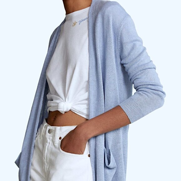 Polo Ralph Lauren Duster Cardigan Women's Size S Blue Linen Long Open Front - Picture 2 of 13